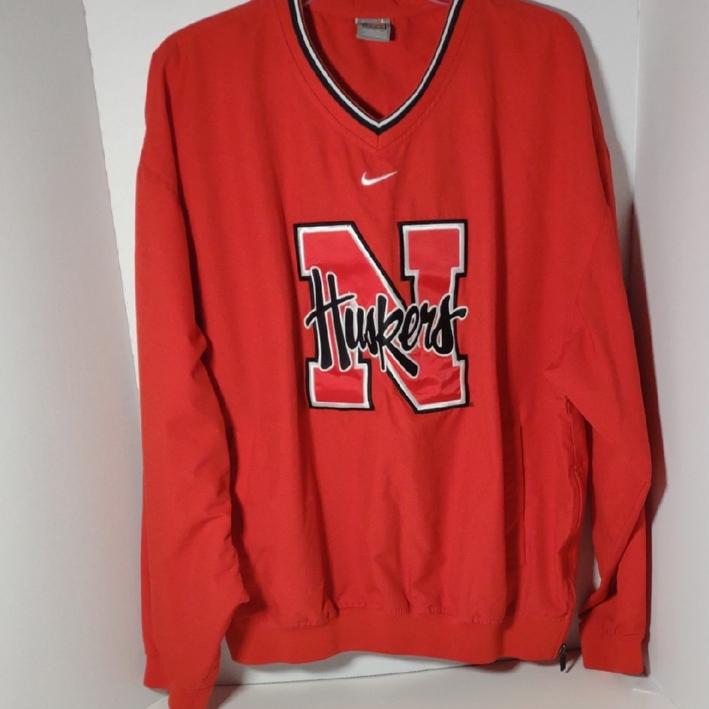 Nike Red Windbreaker with Striped Collar and Large Logo